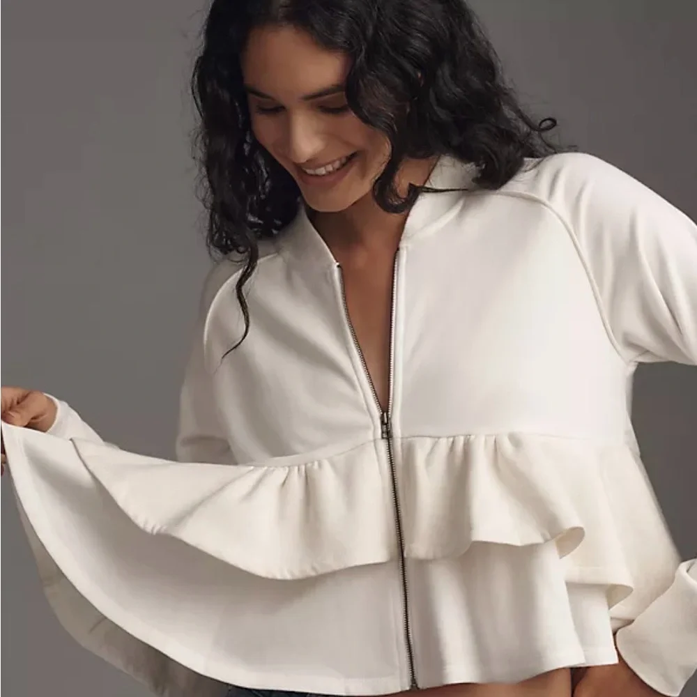 Maeve White Ruffle Zip-Up Jacket - Picture 1 of 7